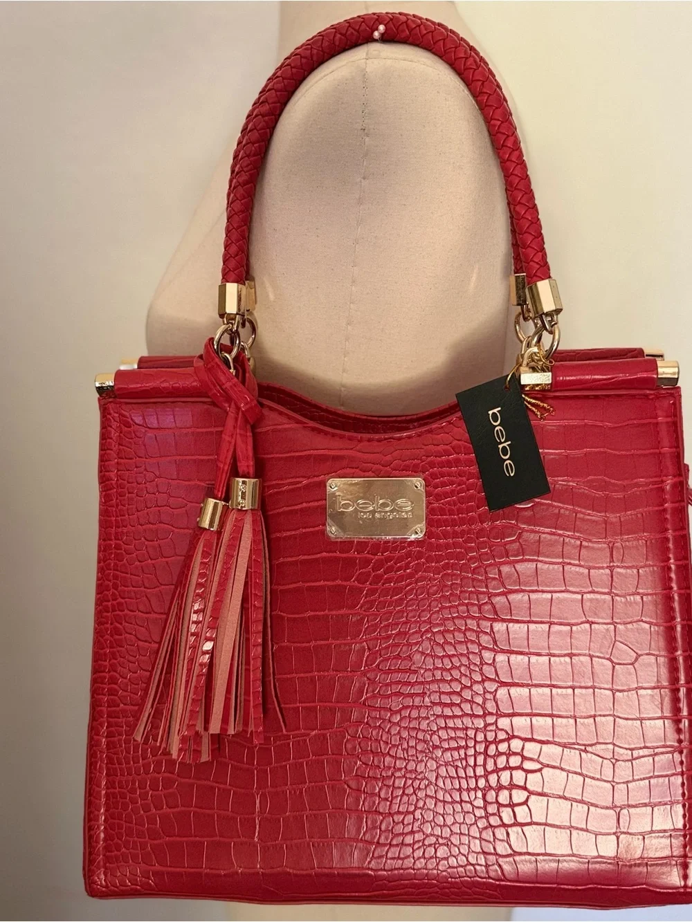 NWT BEBE Red Croc Embossed Handbag Braided Top Handles/Tassels/Crossbody Strap